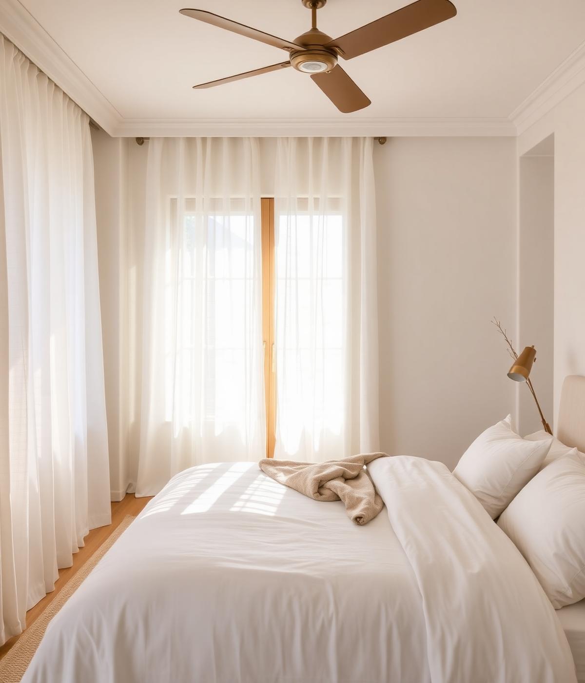 Calm sunlit bedroom with soft linens