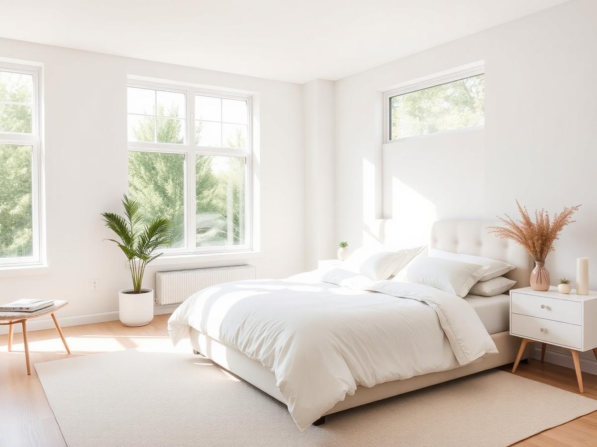 Bright bedroom with soft white linens and natural light