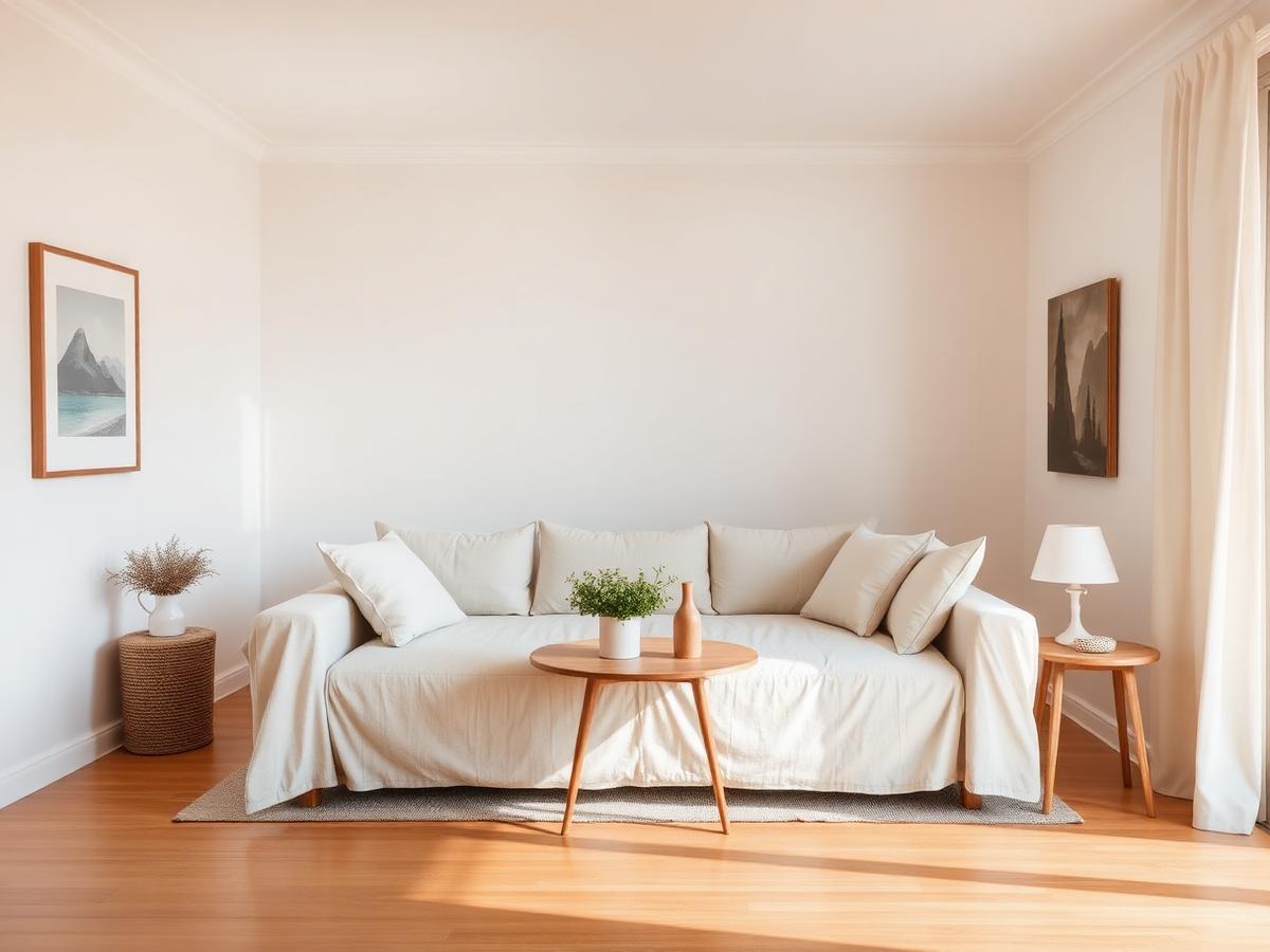 Calm living room with linen sofa and warm neutral tones