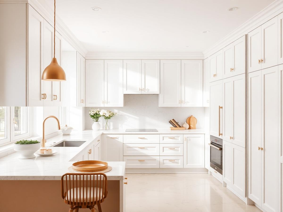 Modern kitchen with white cabinetry and marble countertop