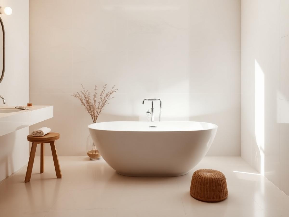 Serene bathroom with freestanding tub and soft daylight