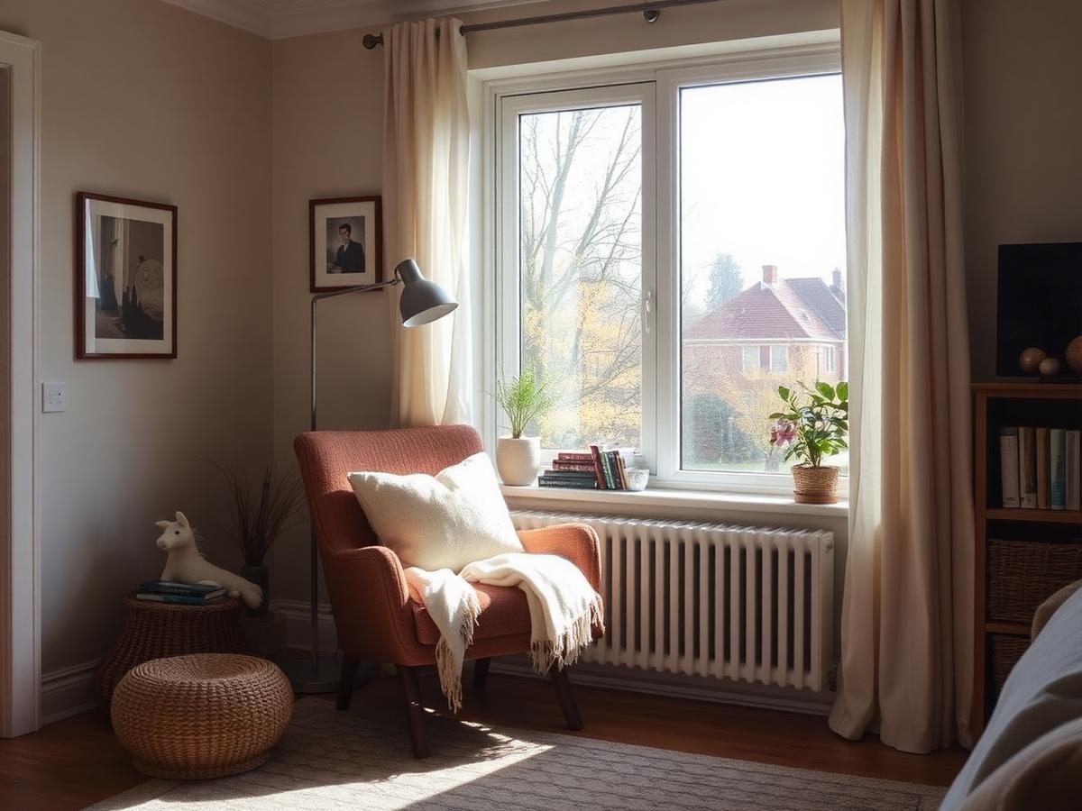Cozy reading nook with armchair near a sunlit window