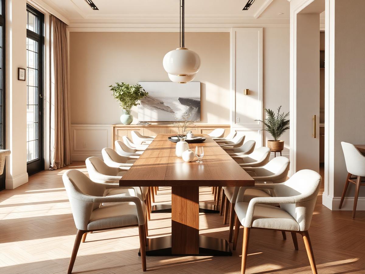 Elegant dining area with wooden table and neutral chairs
